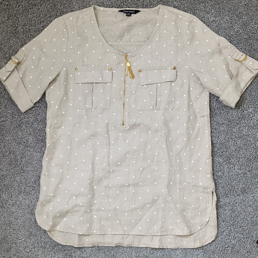 Ellen Tracy 100% Linen Polka Dot Half Zip Blouse